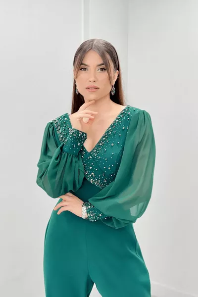 Crepe Fabric Stone Detailed Sleeves Chiffon Overalls Evening Dress - ZÜMRÜT GREEN
