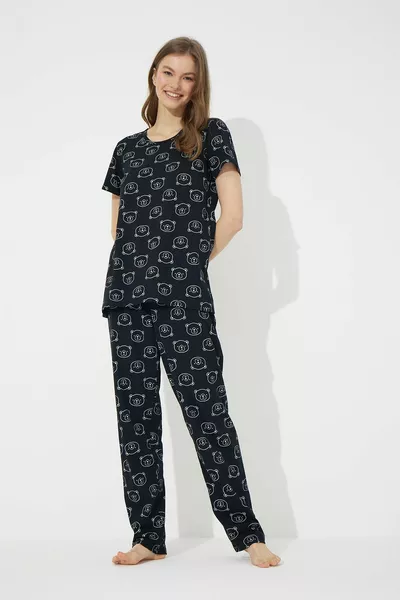 Black Teddy Bear Patterned Short Sleeve Cotton Pajama Set