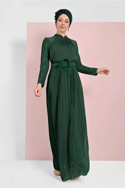 Women's Green (EMERALD) Glitter Pleated Evening Dress 