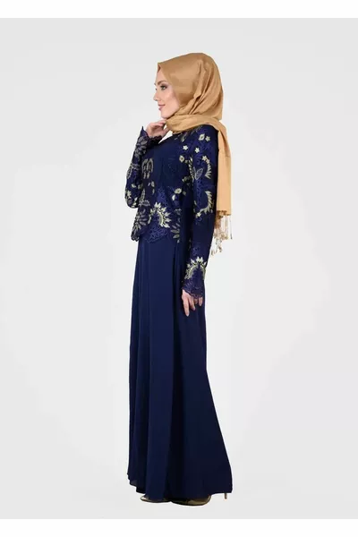Robe de soirée détaillée brodée de la collection T Fy bleu marine pour femme