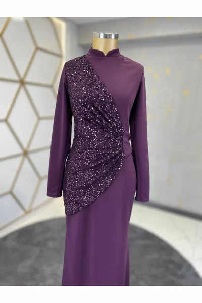 Robe de soirée hijab Yaren à sequins prune