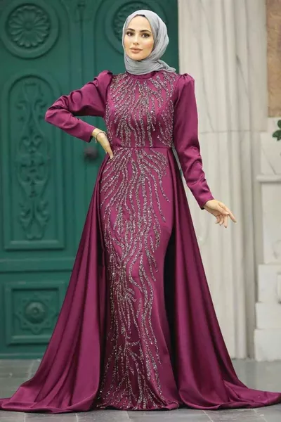 Abito da sera hijab - Abito da sera hijab in raso fucsia con coda F