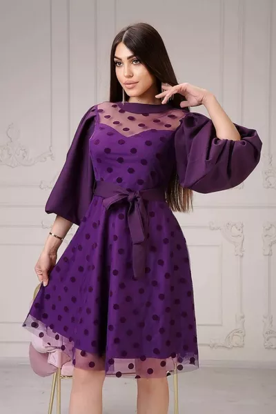 Tül Üzeri Flok Baskılı Tasarım Elbise