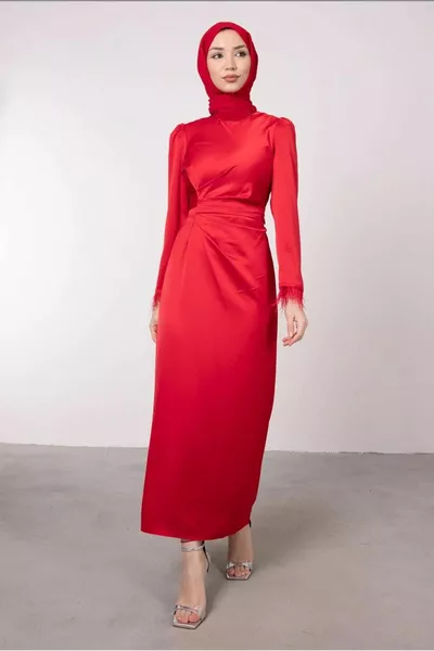 ДАМСКИ ЧЕРВЕНИ МАНШЕТИ ПЕРО ПОДРОБНА ВЕЧЕРНА РОКЛЯ T 