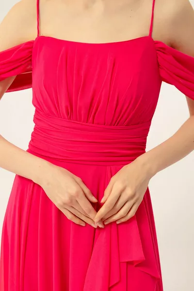 المرأة الفوشيه قارب الرقبة الشيفون مساء اللباس