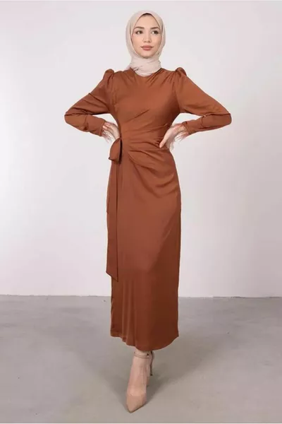 ROBE DE SOIRÉE FEMME CAFÉ (CARAMEL) POIGNETS PLUME DÉTAILLÉE T 