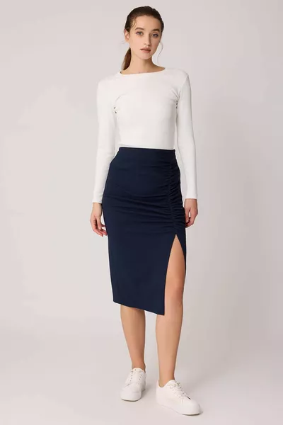 Büzgülü Midi Boy Yırtmaçlı Etek