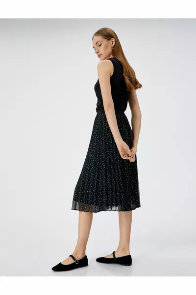 Midi Pileli Etek Puantiyeli Lastikli Yüksek Bel