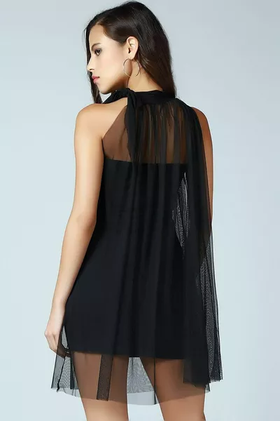 Stand-Up Judge Collar Neck Tie Zero Sleeve Lined Tulle Detailed Lycra Short Mini Dress