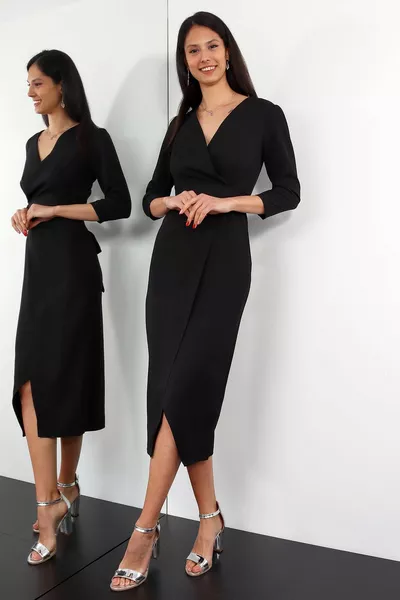 المرأة السوداء مزدوجة الصدر طوق كابري الأكمام التفاف تنورة مربوطة الظهر كريب النسيج منتصف طول مساء اللباس