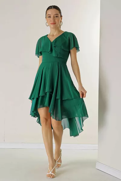 Short Front Back Long Lined Flounced Layered Chiffon Dress