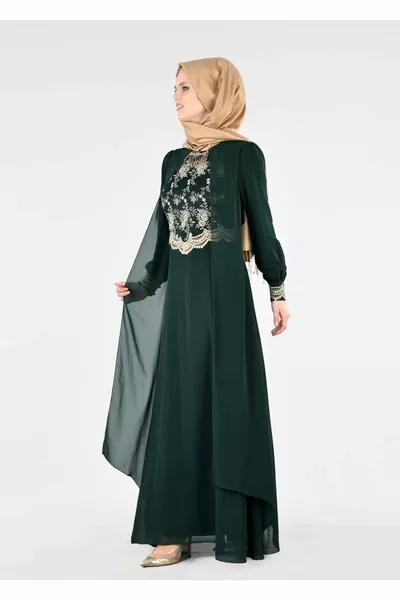 Women's Green (EMERALD) T Fy Collection-cape Detailed Evening Dress