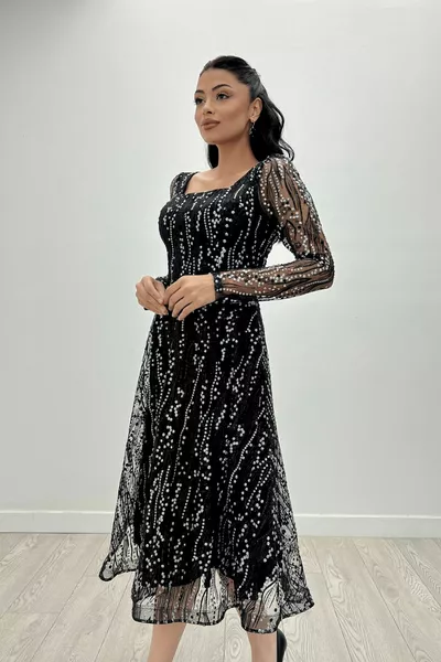 Tule Glitter Stof Vierkante Hals Midi Avondjurk - Zilver