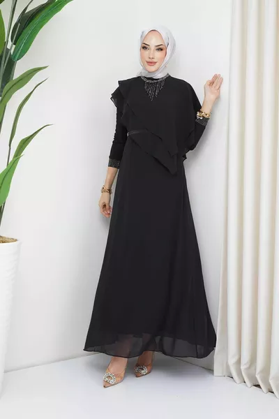 Stone and Flywheel Detailed Chiffon Hijab Evening Dress BLACK 