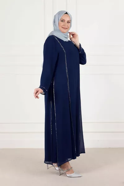 Plus Size Hijab Sandy Chiffon Coating Stone Evening Dress  Indigo