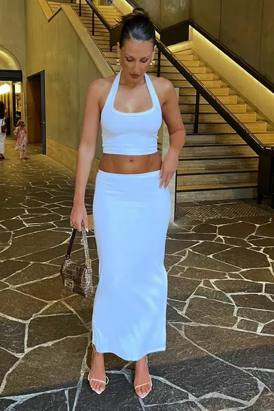 White Basic Slit Detailed Women's Long Skirt 