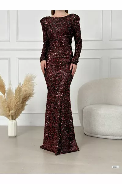 Дамска брадата тъкан с дълъг ръкав Гръб с ниско деколте Тясна кройка Модел дълга риба Вечерна рокля Червена