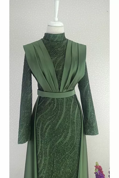  Paillettes Avant Détaillé Ballon Manches Poisson Modèle Design Robe de soirée #