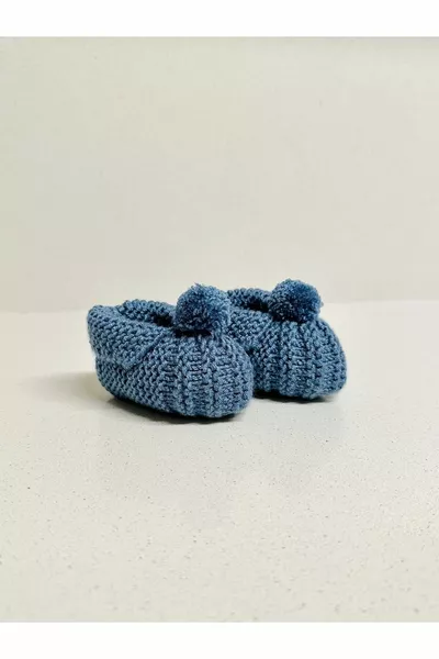 Creapoint Новородени бебешки плетени сини ботуши с помпони