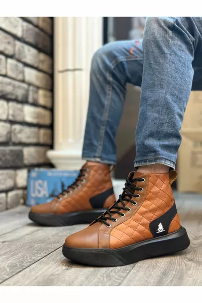  Стеганые мужские ботинки на высокой подошве на шнуровке темного цвета загара