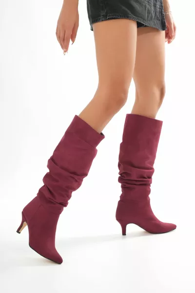 Midnight Donna/Ragazze Borgogna Tacco Corto Pelle Scamosciata Dettagliata Stivali A Punta