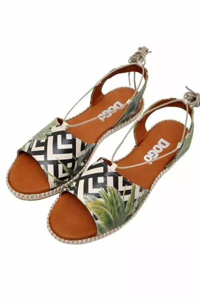 صنادل جلد نباتي نسائية برباط أسود - تصميم خيالي النخيل