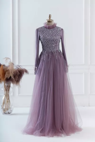 Пернати ръкави хиджаб вечерна рокля люляк