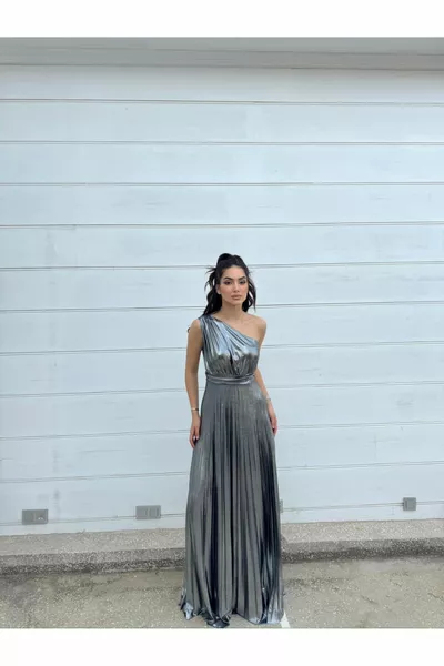 Hazal плисирани един ръкав пенливи вечерни рокли  металик