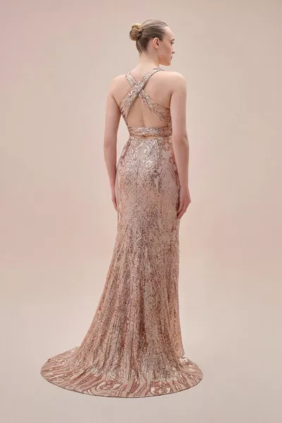 الذهب الترتر المطرزة الصليب الخامس الرقبة فستان مساء طويل