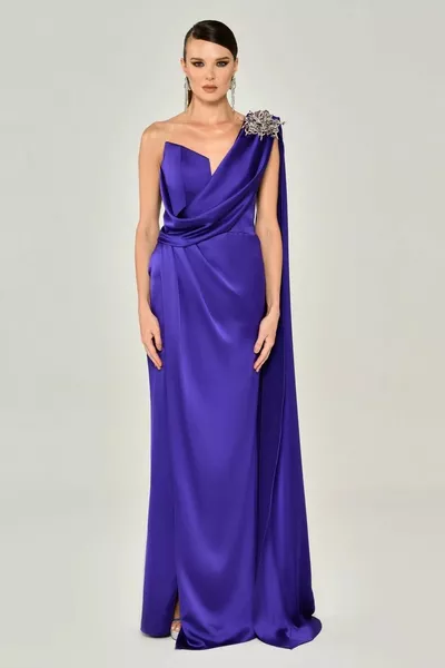 Alpha Beta Shoulder Detailed One Shoulder Purple Women's Evening Dress 