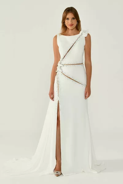 Pearl Long Dress with Slit Shawl with Floral and Stone Accessories