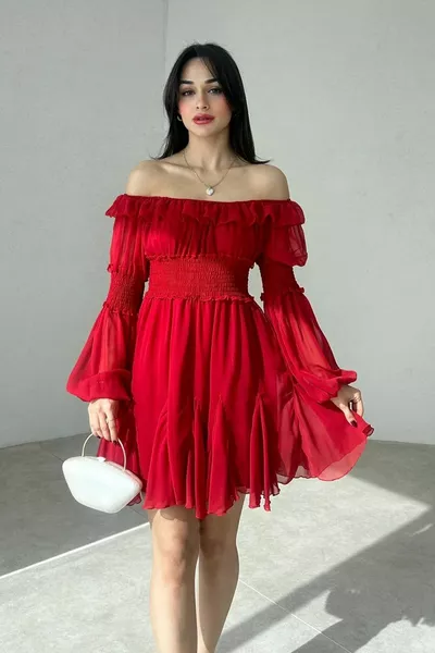 Women's Chiffon Fabric Gipe Design Strapless Collar Long Sleeve Mini Red Evening Dress 