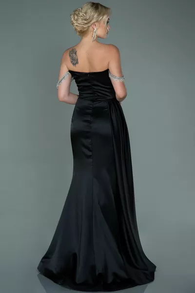 Black Stone Boat Collar Tailed Long Satin Evening Dress 