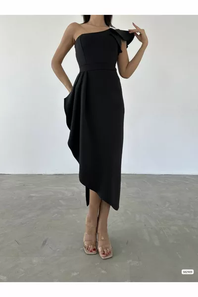 واحد الكتف تصميم غير متماثلة ميدي طول مساء اللباس