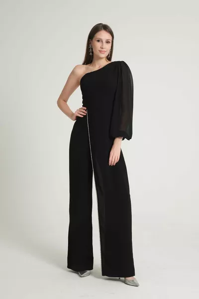 Combinaison robe de soirée noire à manches simples Stone