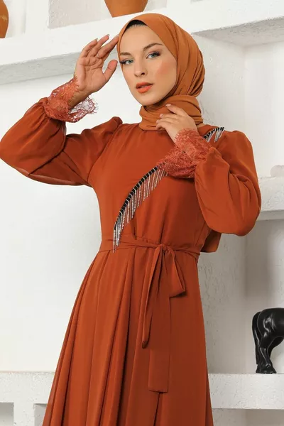 Steen gedetailleerde chiffon avondjurk tegel 