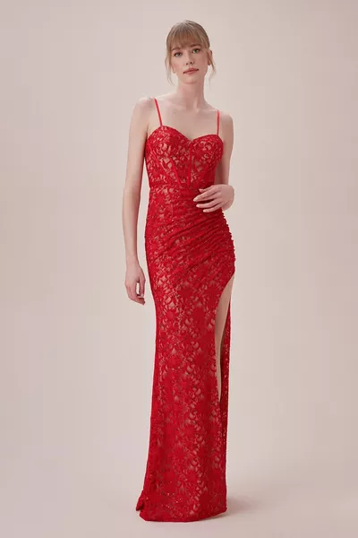Long dress with red lace embroidery and slim straps and slits