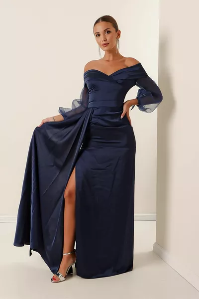 Madonna Collar Lined Organza Sleeves Crepe Satin Long Dress Parlament