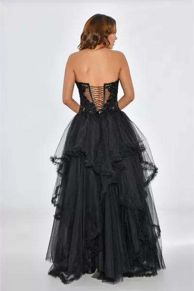 Черен без презрамки ниско нарязани камък банелни поли пластове принцеса модел вечерна рокля 