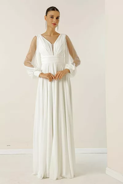 Спереди сзади V-образным вырезом спереди драпированные рукава Тюль на подкладке Широкий размер Разнесенные длинные шифоновые платья