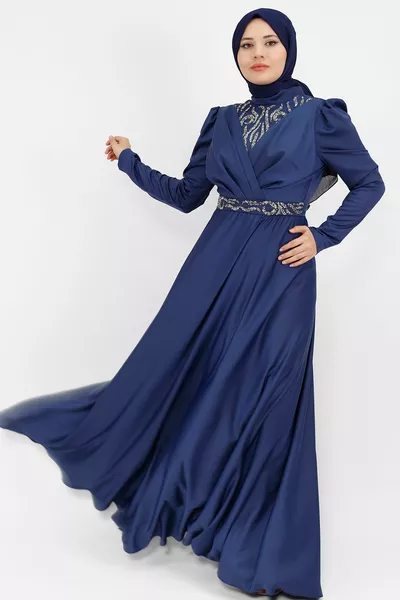 Double-breasted Collar Look Stone Printed Satin Fabric Hijab Evening Dress