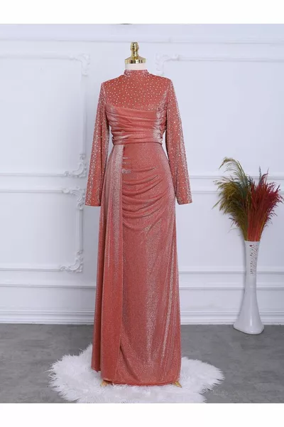 Stone Top Glitter Stand-Up Collar Evening Dress