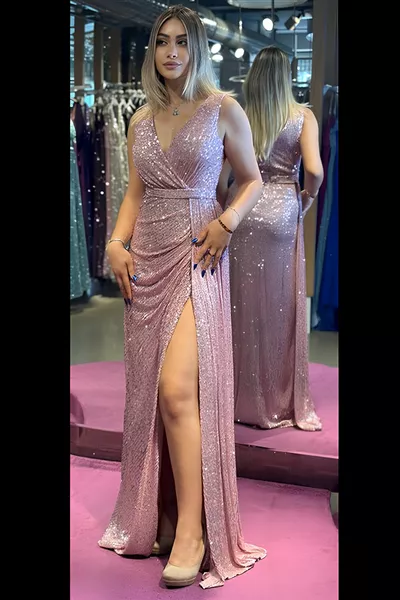 Kadın Dar Kalıp Zarif Uzun Pullu Yırtmaçlı Nişan Isteme Abiye Elbise 