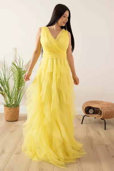 فستان سهرة طويل مكشكش مزدوج الصدر 