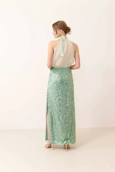 Yandan Yırtmaçlı Payet Etek Mint 