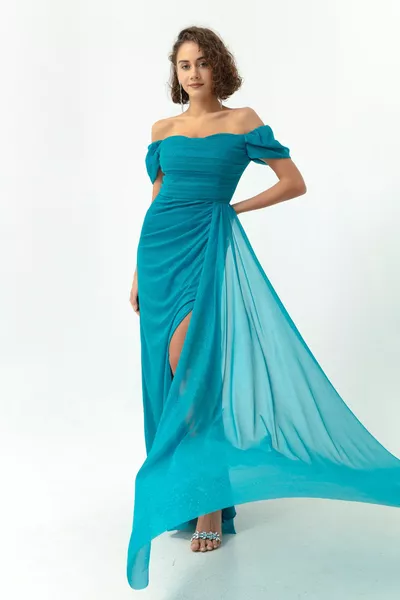 Women's Blue Boat Neck Draped Slit Long Glitter Evening Dress