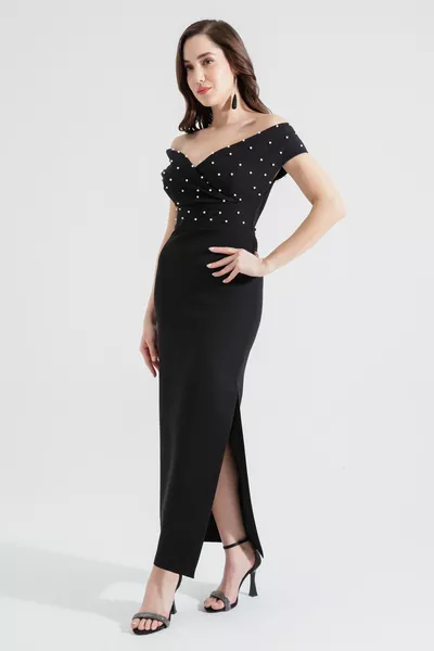 المرأة السوداء مزدوجة الصدر طوق اللؤلؤ ميدي مساء اللباس