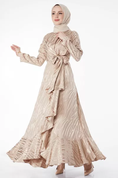 Straight Crew Neck Women's Beige Leaf Evening Dress - 