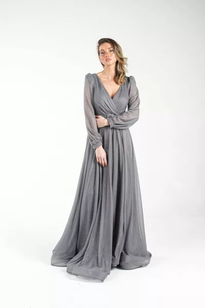 أنثراسايت حزام كم طويل بريق الشيفون مساء اللباس