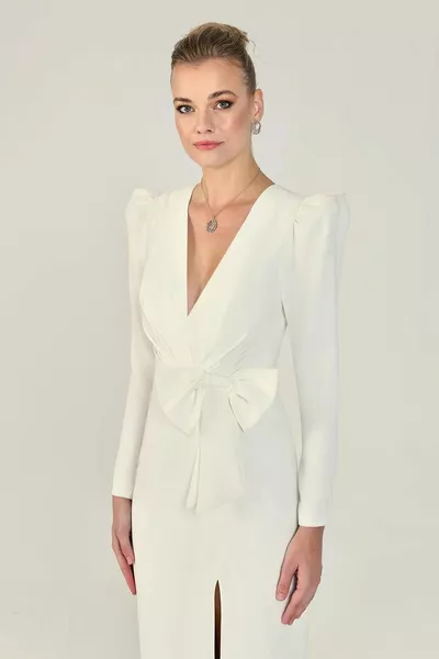 ألفا بيتا الخامس الرقبة شق مفصلة طويلة الأكمام الأبيض المرأة مساء اللباس 